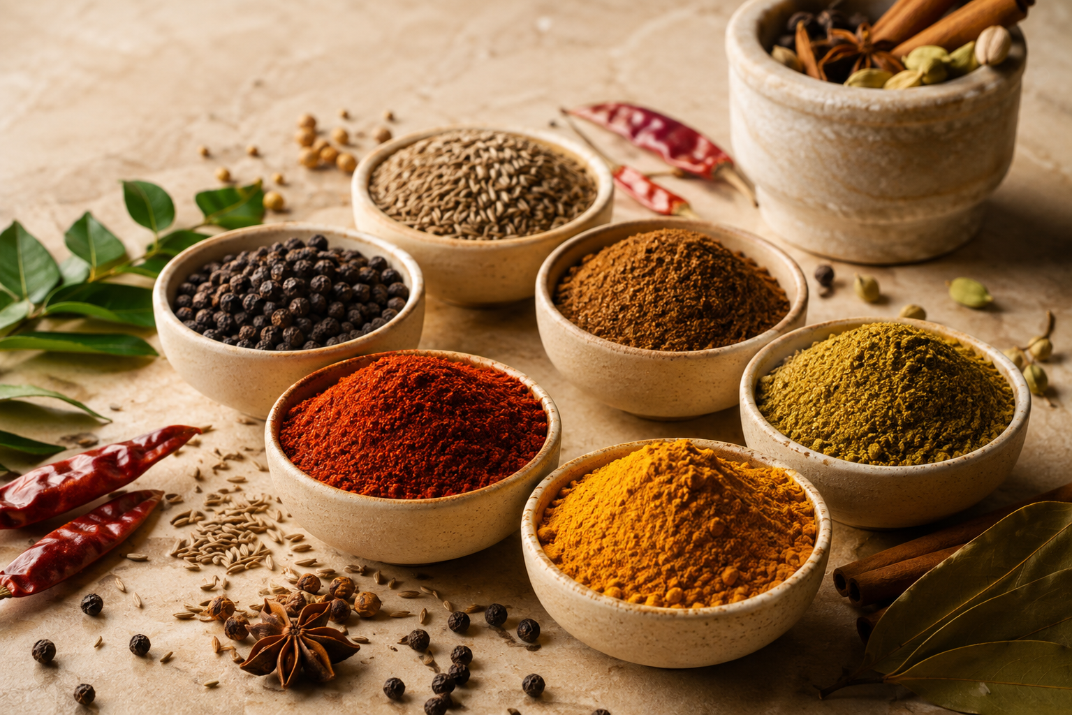 Bowls of colourful whole spices and spice powders